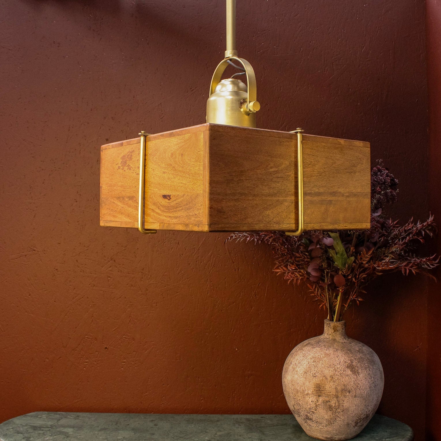 Brass Clad Square Mango Wood Pendant Uneeka