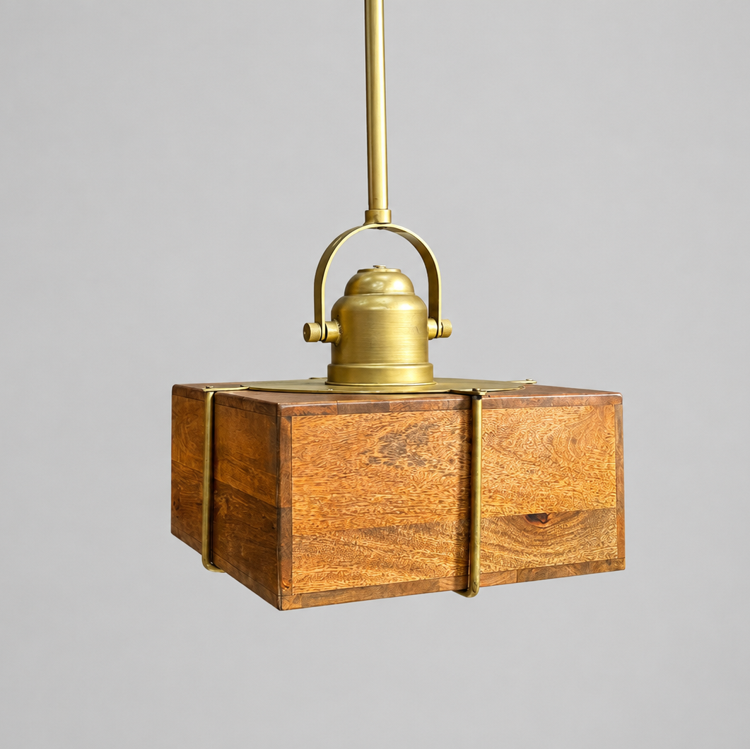 Brass Clad Square Mango Wood Pendant - Large - Uneeka