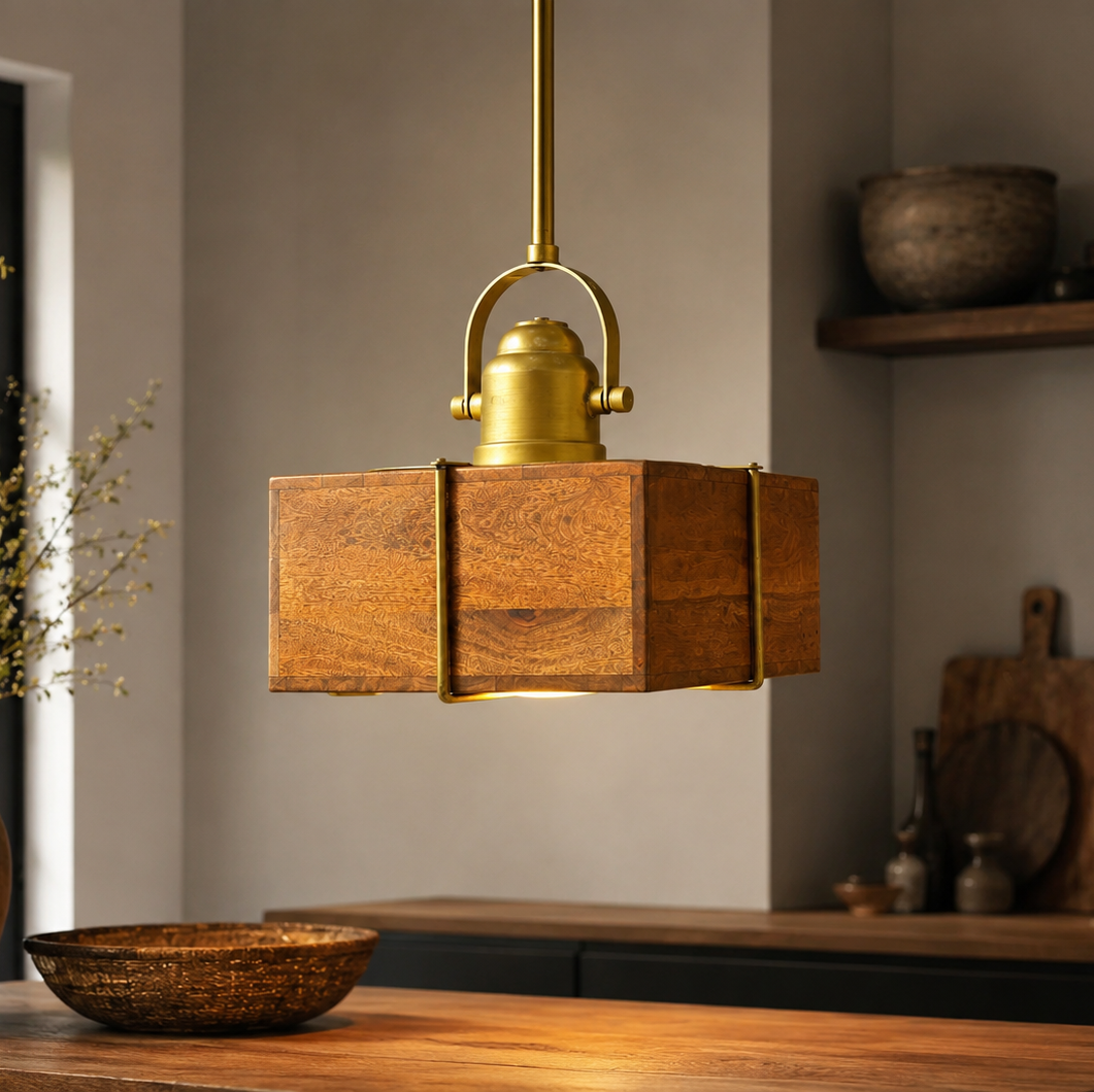 Brass Clad Square Mango Wood Pendant - Large - Uneeka