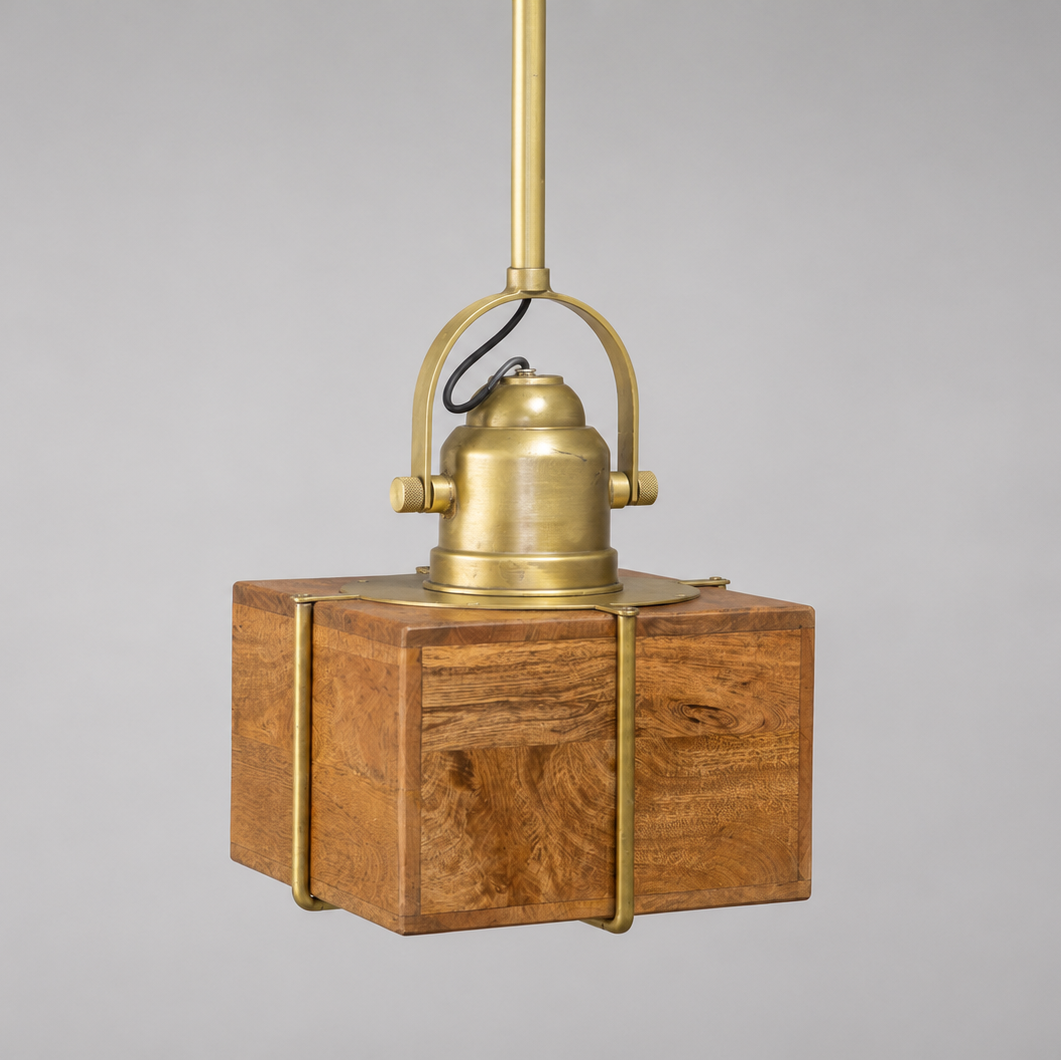 Brass Clad Square Mango Wood Pendant - Medium - Uneeka
