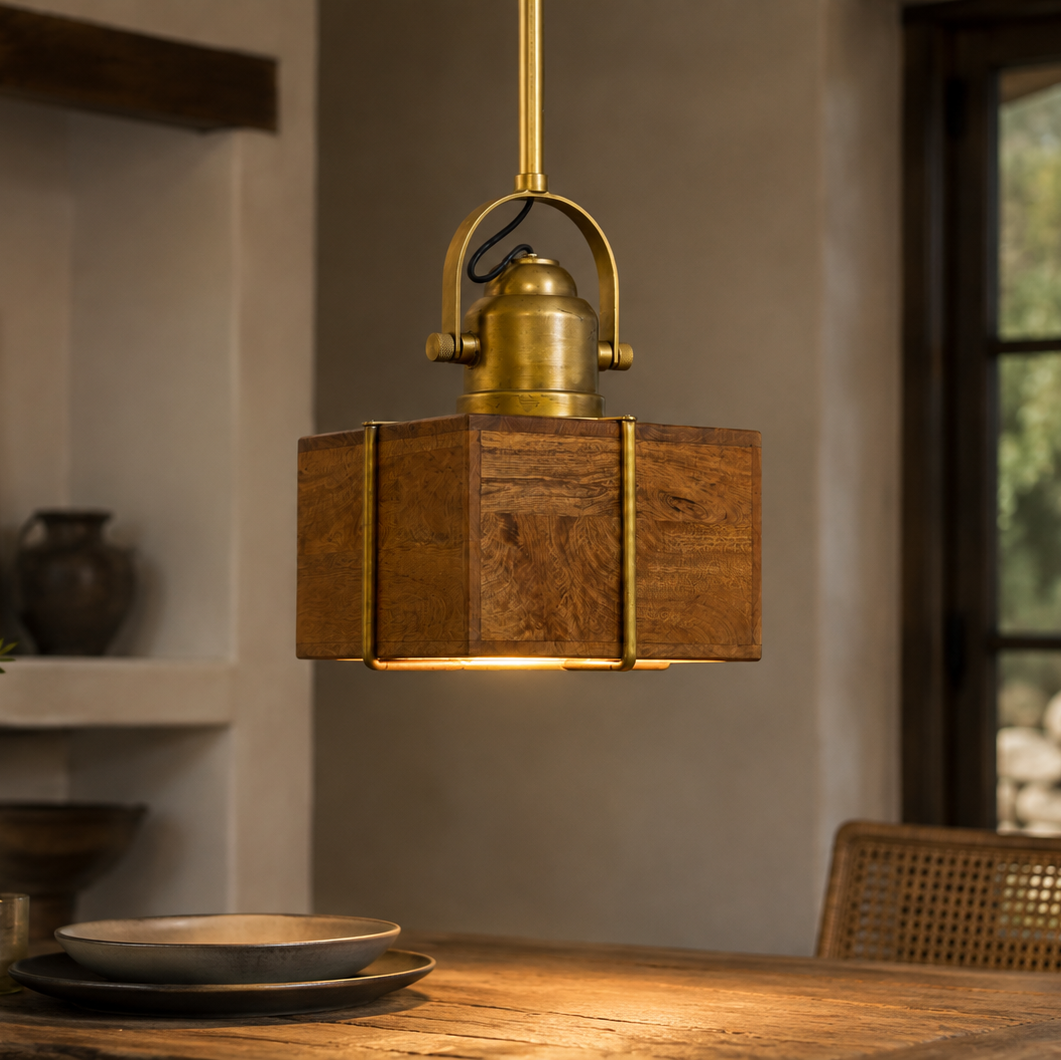 Brass Clad Square Mango Wood Pendant - Medium - Uneeka