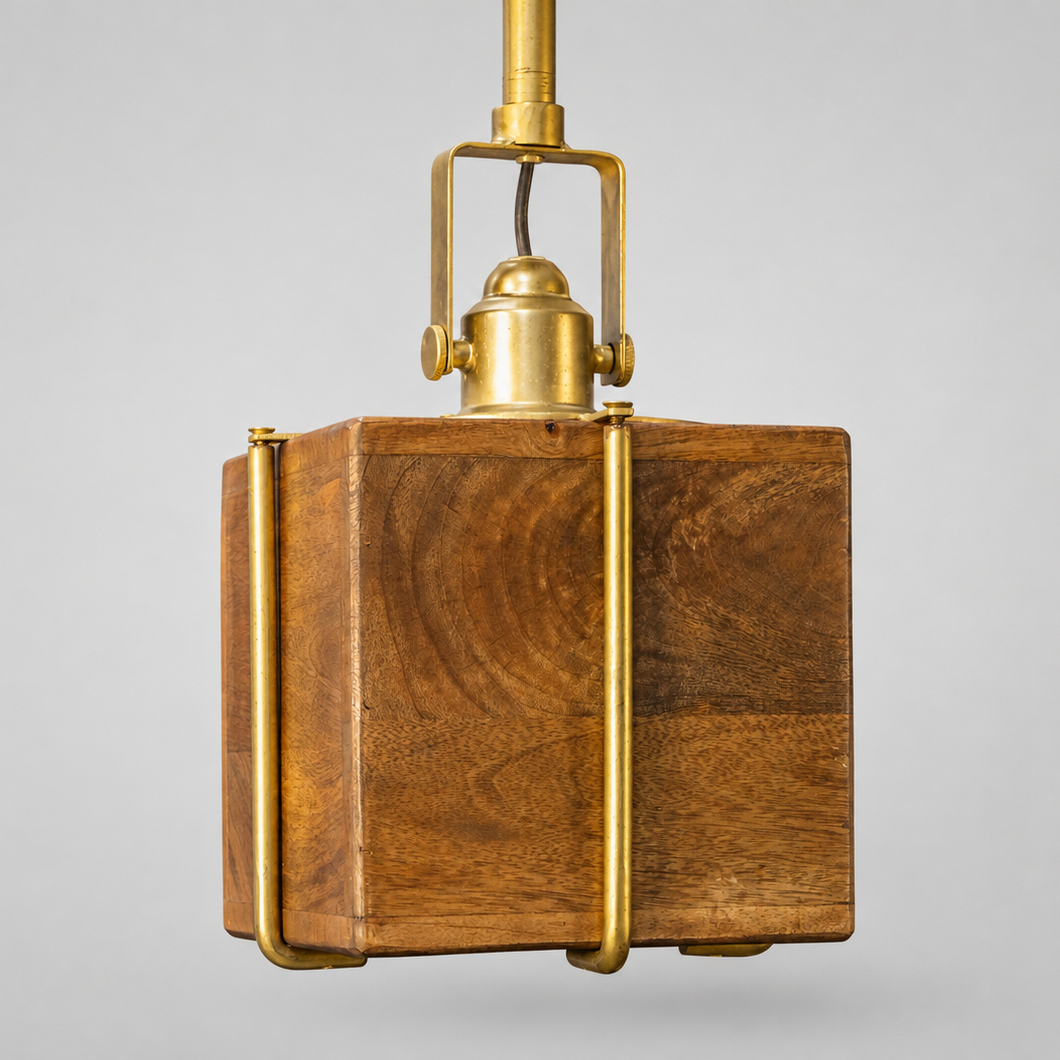 Brass Clad Square Mango Wood Pendant - Small - Uneeka