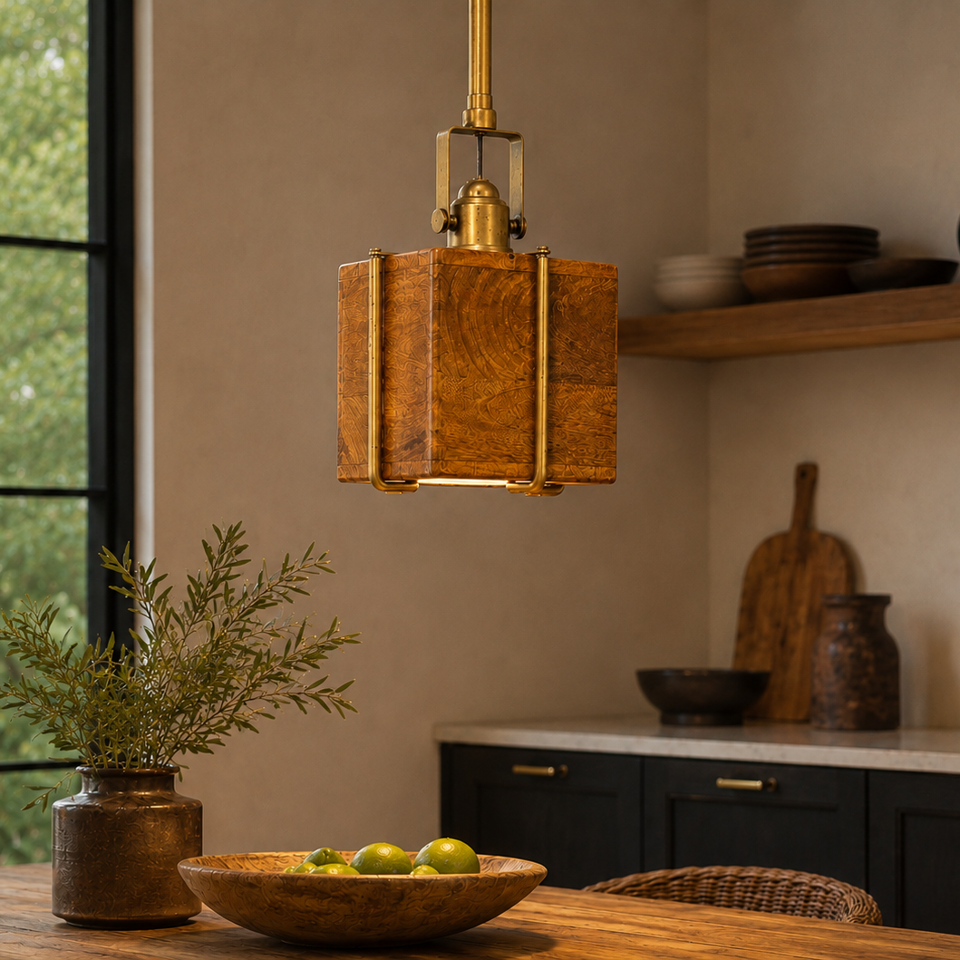 Brass Clad Square Mango Wood Pendant - Small - Uneeka