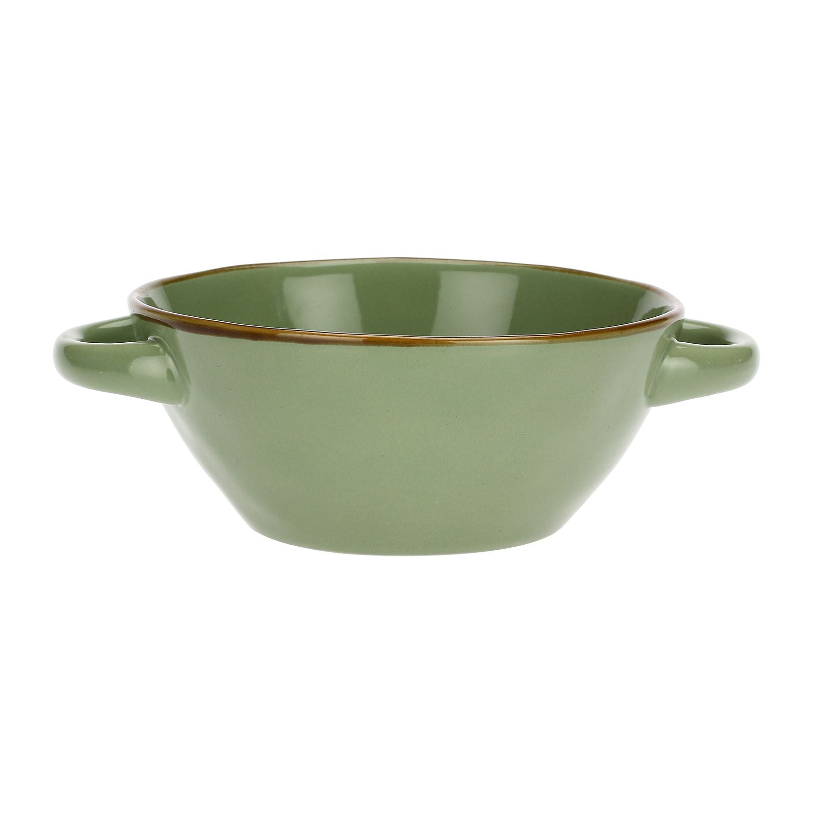 Brightly Coloured Ceramic Soup Bowl with Handle - Olive Green - Uneeka