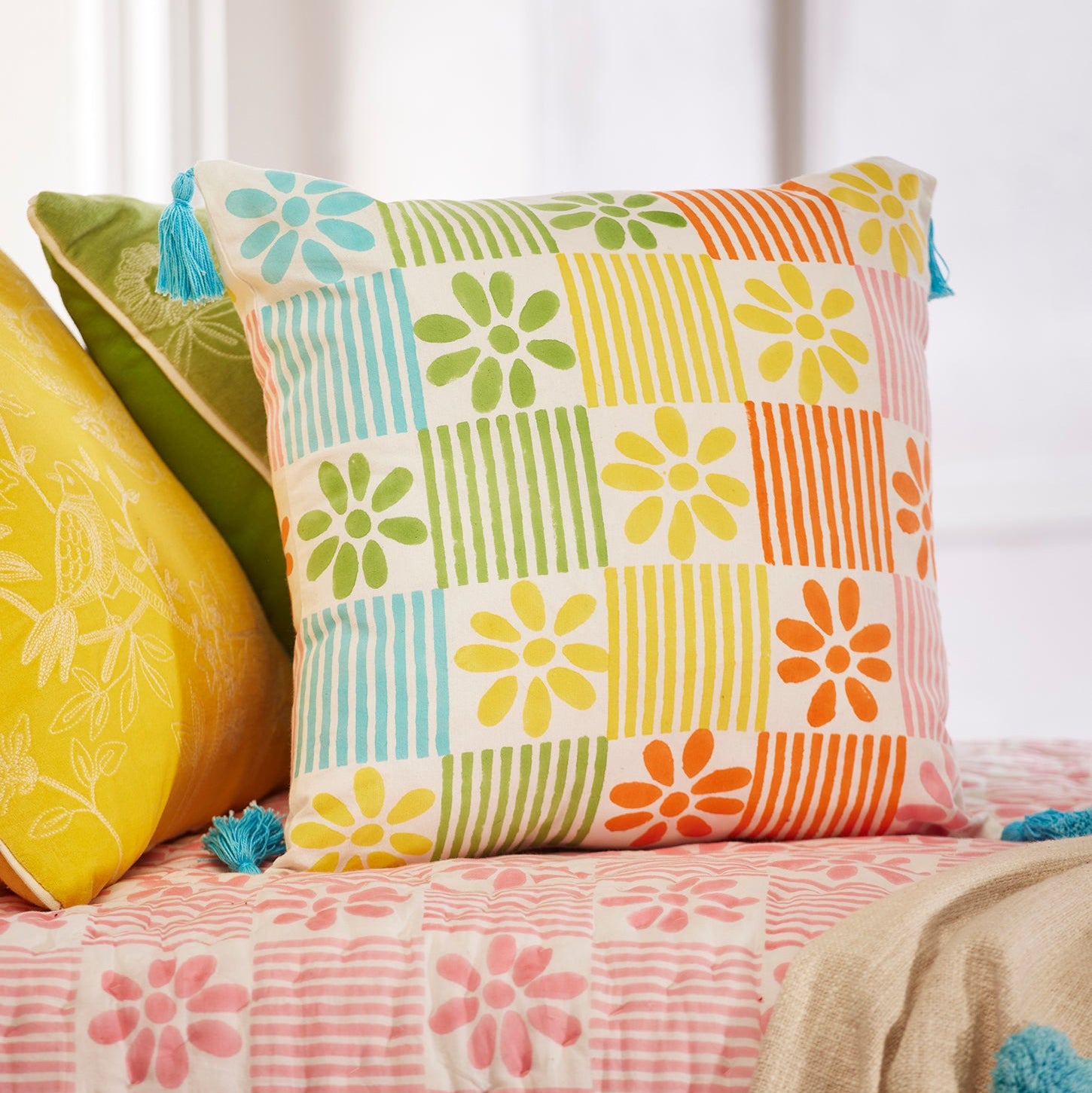 Brightly Coloured Daisy Check Cushion - CC21 - Uneeka