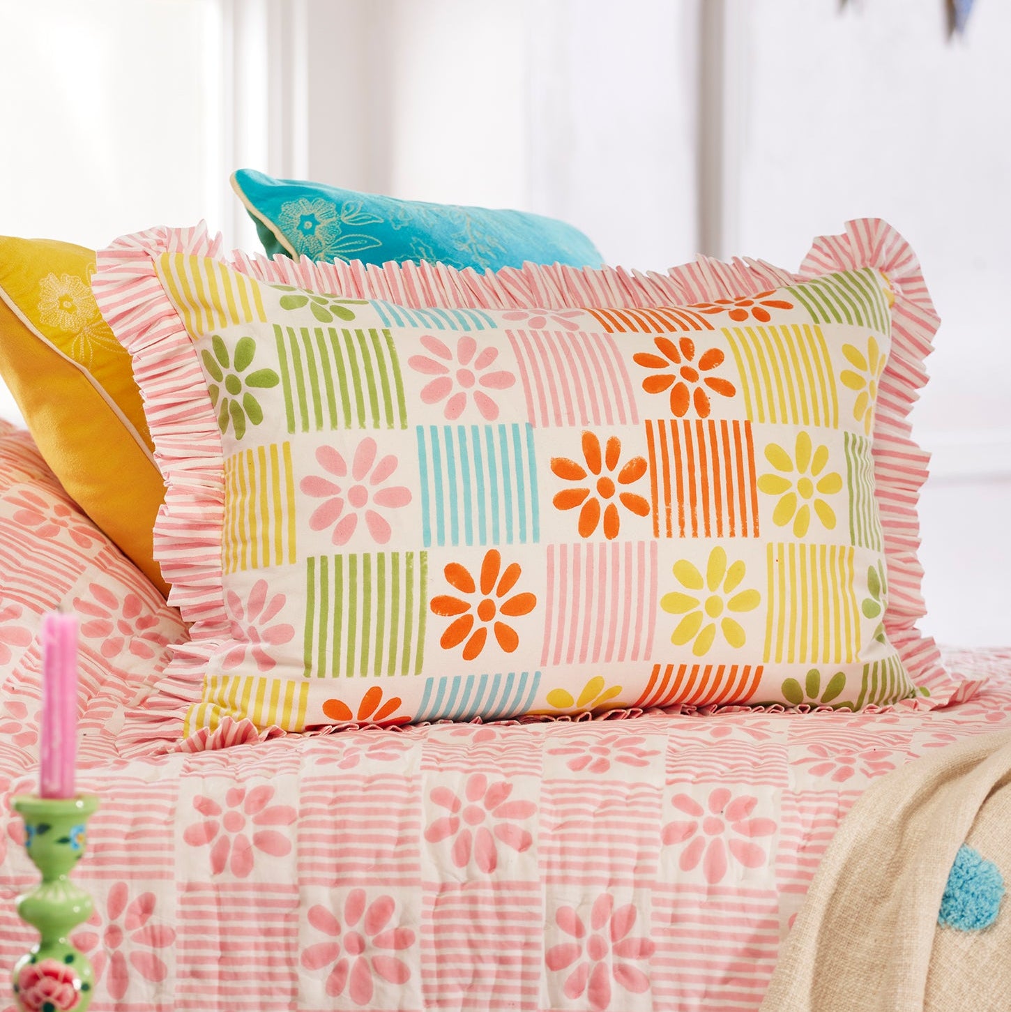 Brightly Coloured Daisy Check Rectangular Cushion - CCL21 - Uneeka