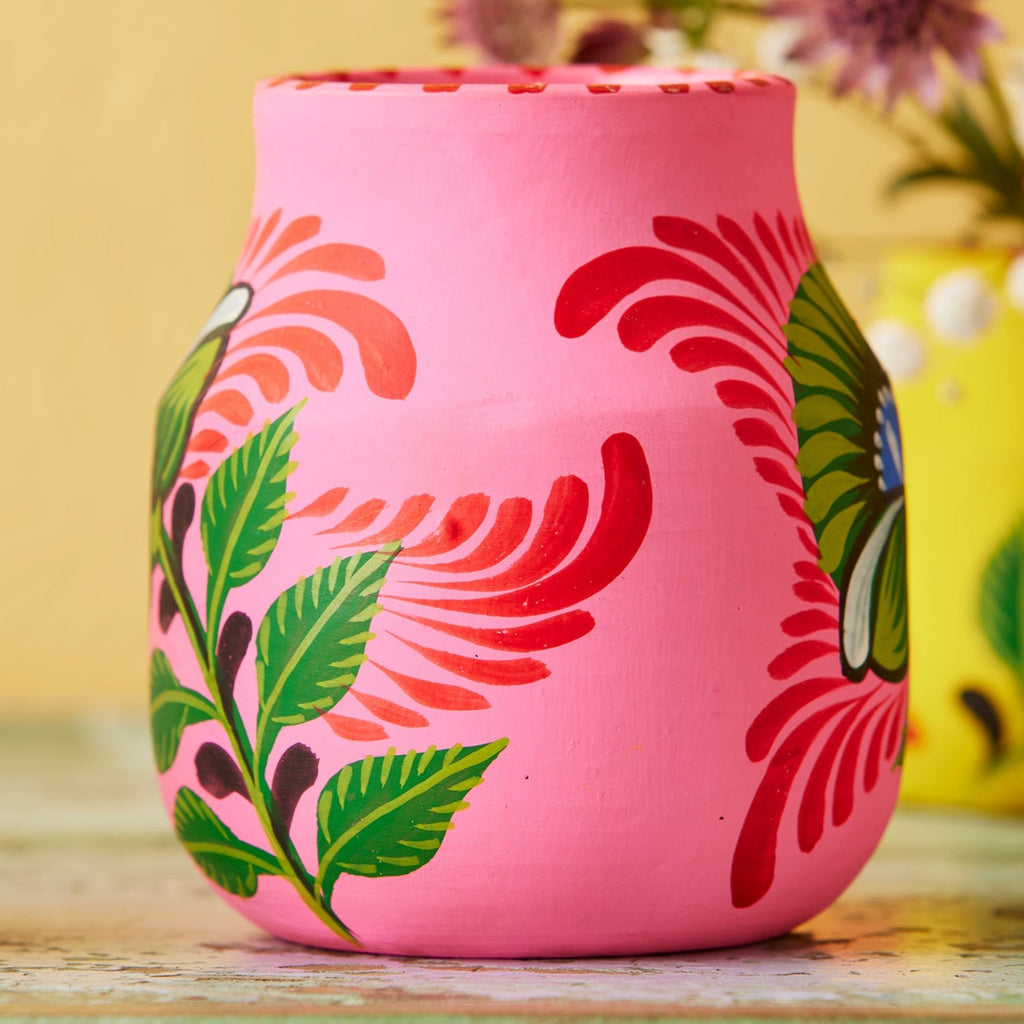 Brightly Coloured Hand Painted Terracotta Planter medium pink no blooms
