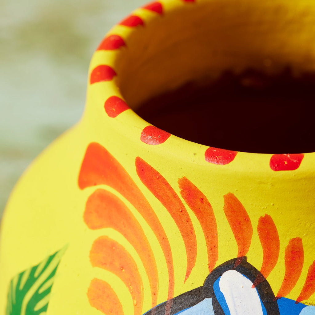 Brightly Coloured Hand Painted Terracotta Planter small yellow close up