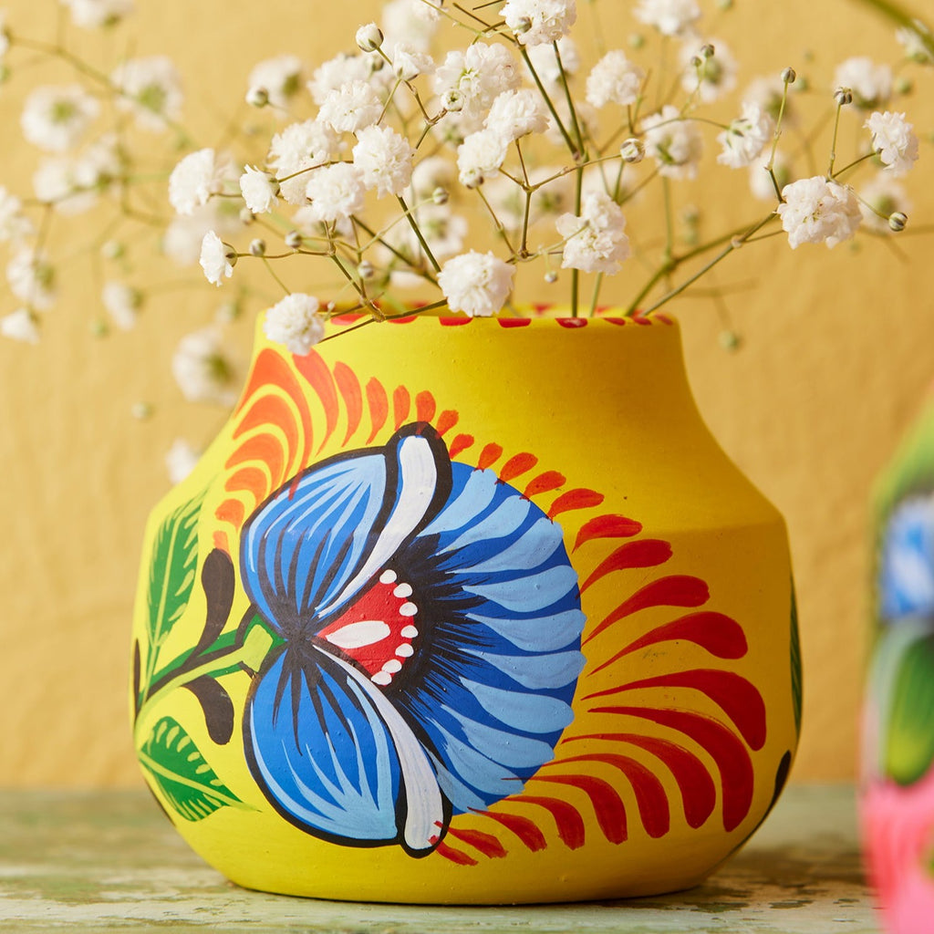 Brightly Coloured Hand Painted Terracotta Planter Small yellow
