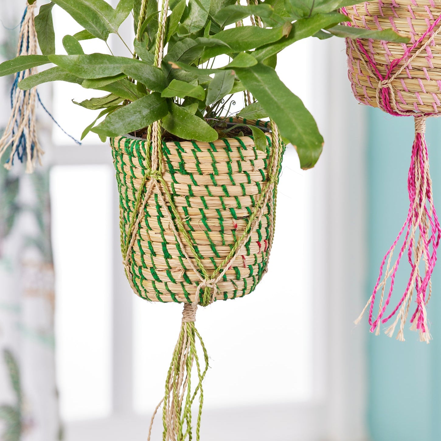 Brightly Coloured Jute Hanging Planter - Green - Uneeka
