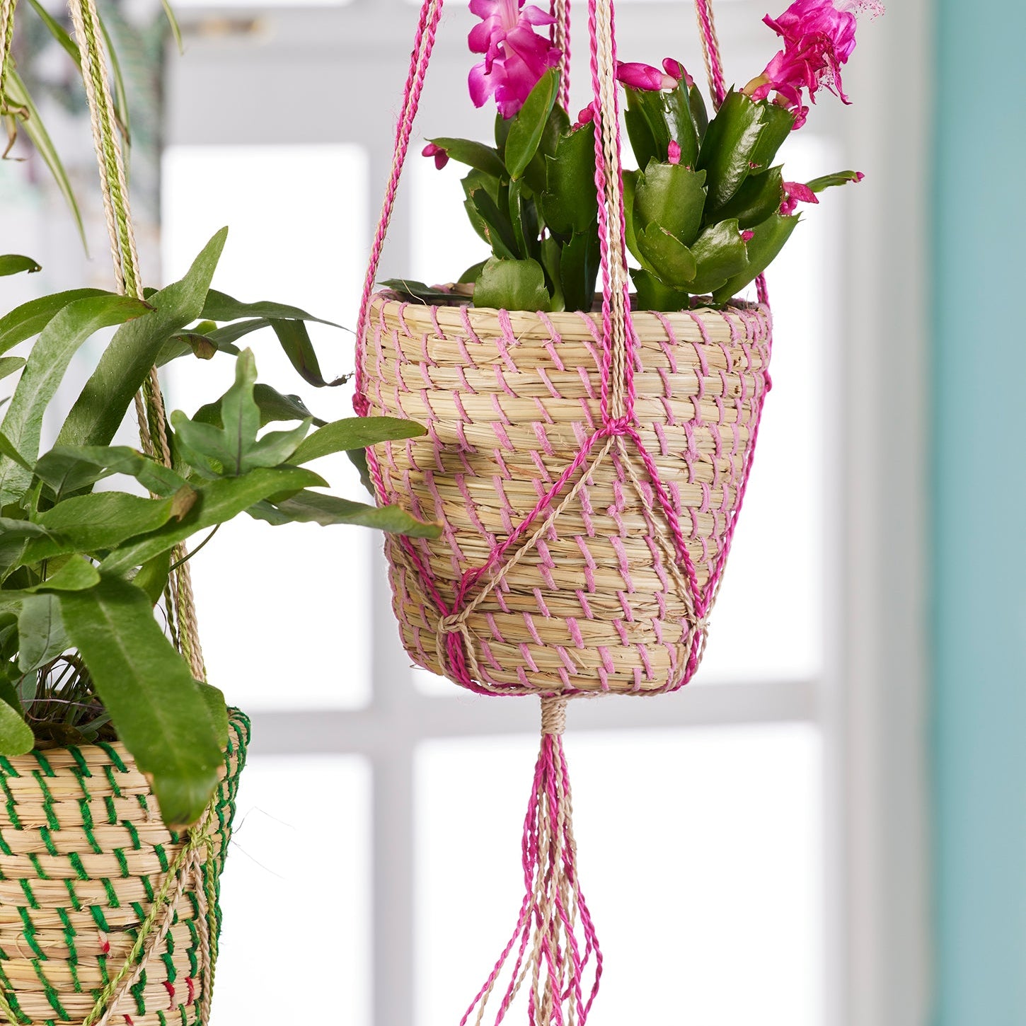 Brightly Coloured Jute Hanging Planter - Pink - Uneeka