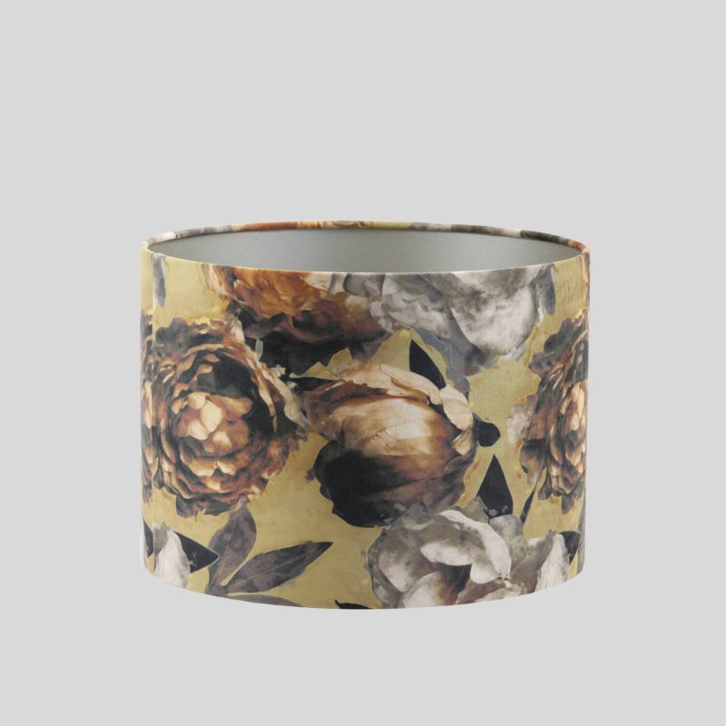 Floral peony floral patterned cylindrical lampshade on a light grey background Uneeka
