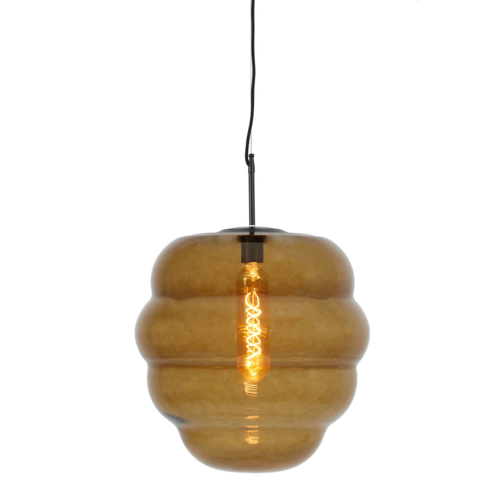 Brown Glass Beehive Style Hanging Lamp with lit bulb (not included)