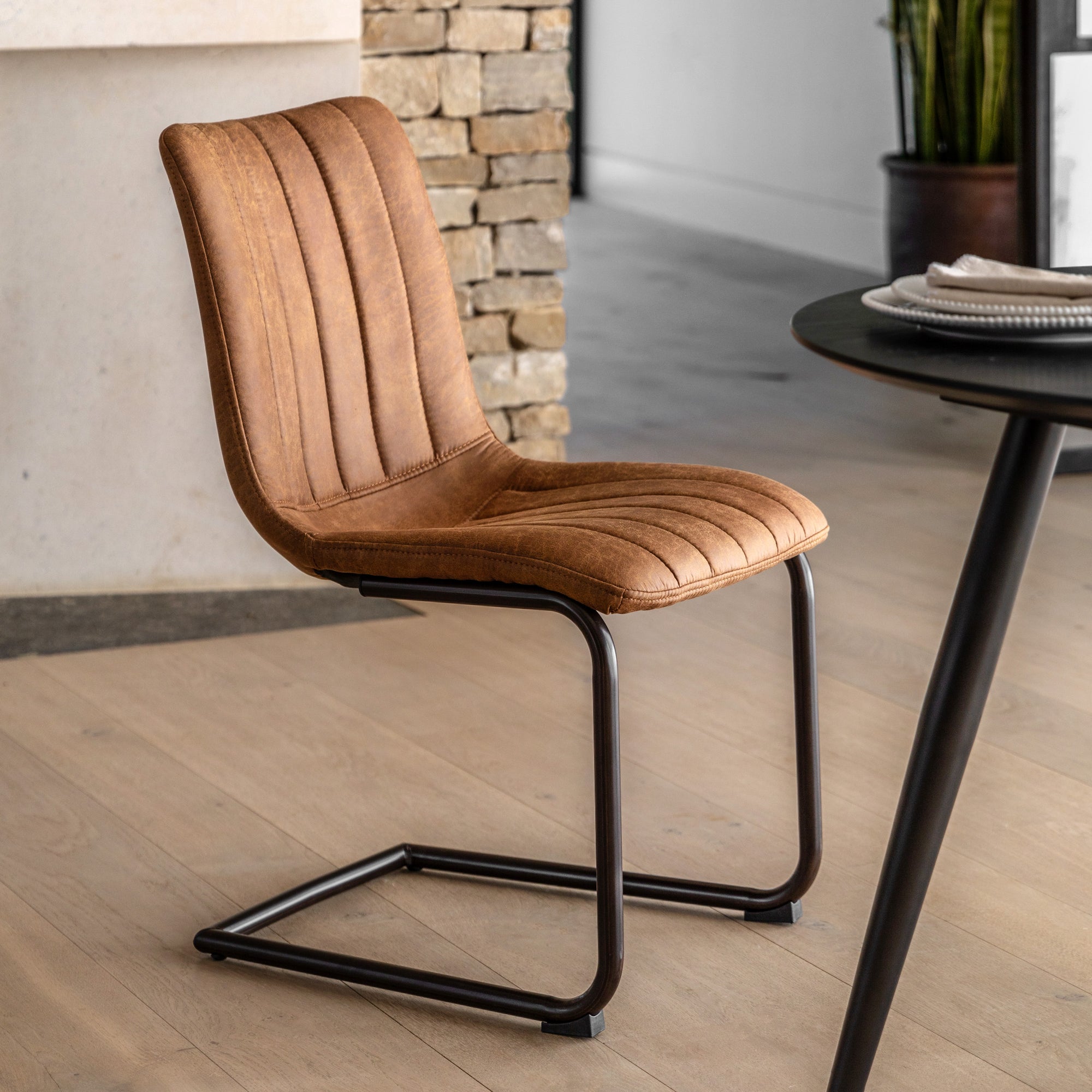 Brown Faux Leather Cantilever Dining Chair - Uneeka