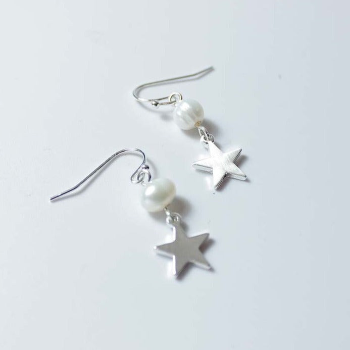 Brushed Star With Natural Pearl Drop Earrings Silver