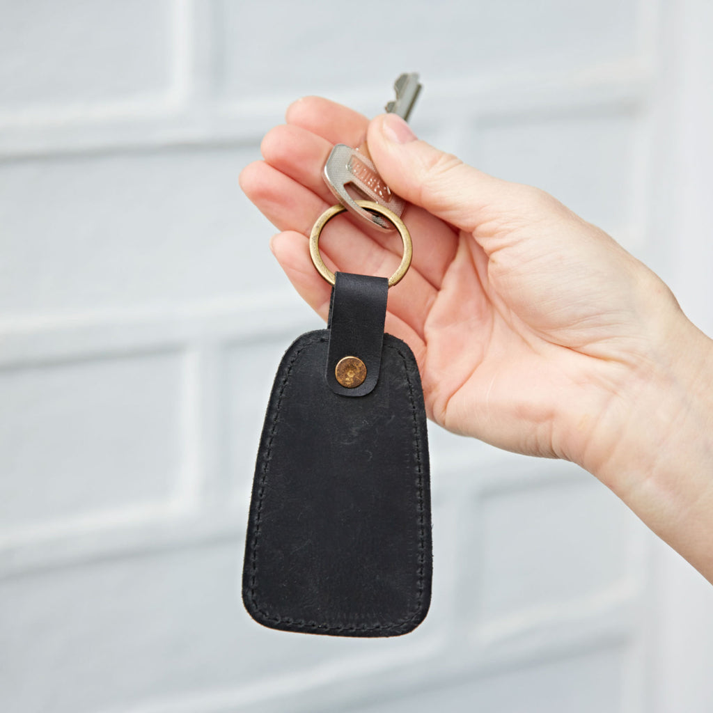Buffalo Leather Tag with Brass Hoop Keyring Black