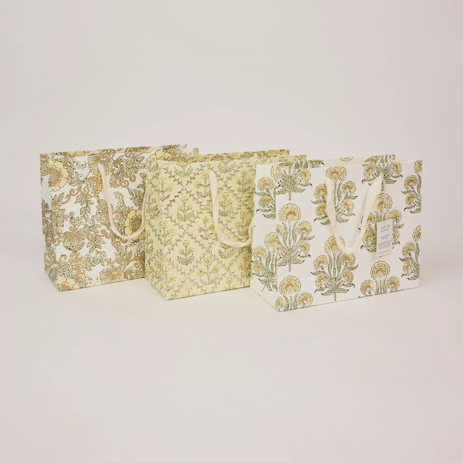 Buttercream Block Print Medium Gift Bag - all three styles together - Uneeka