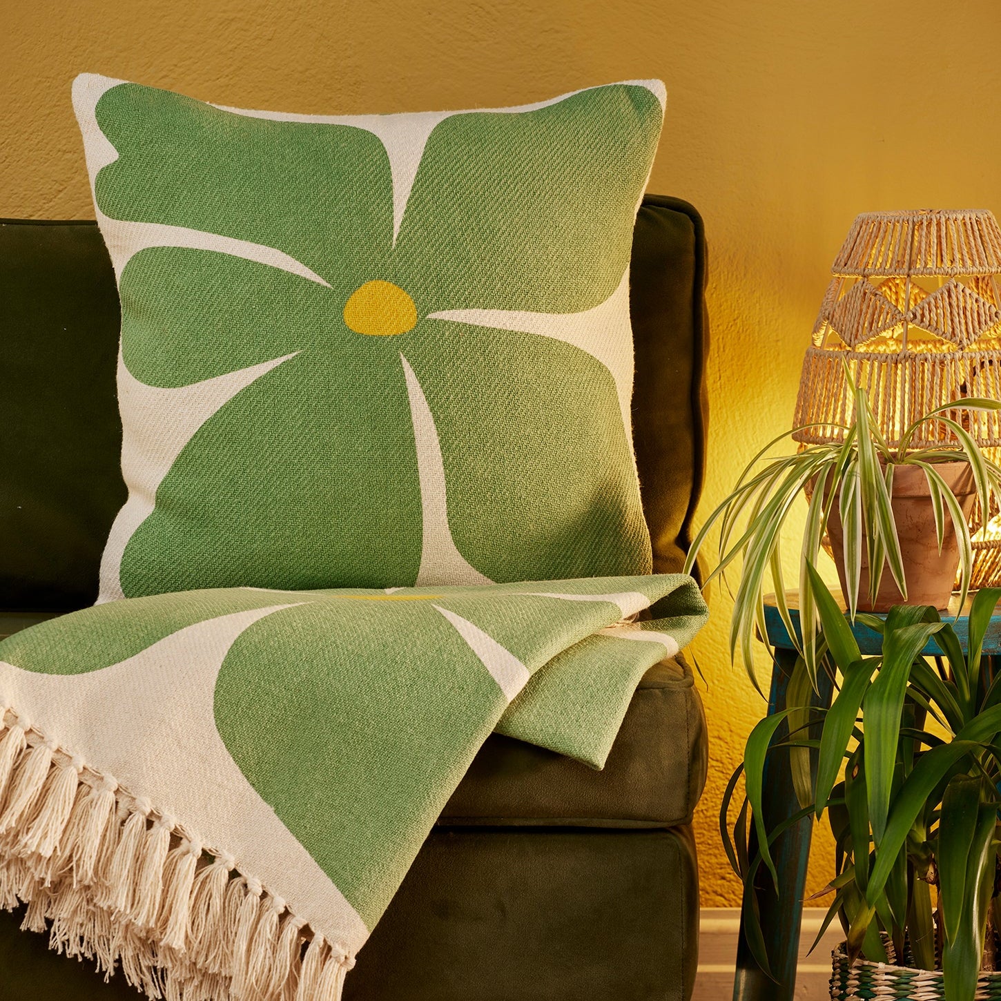 Screen Printed Bold Flower Cushion - CC255-GREEN - Uneeka