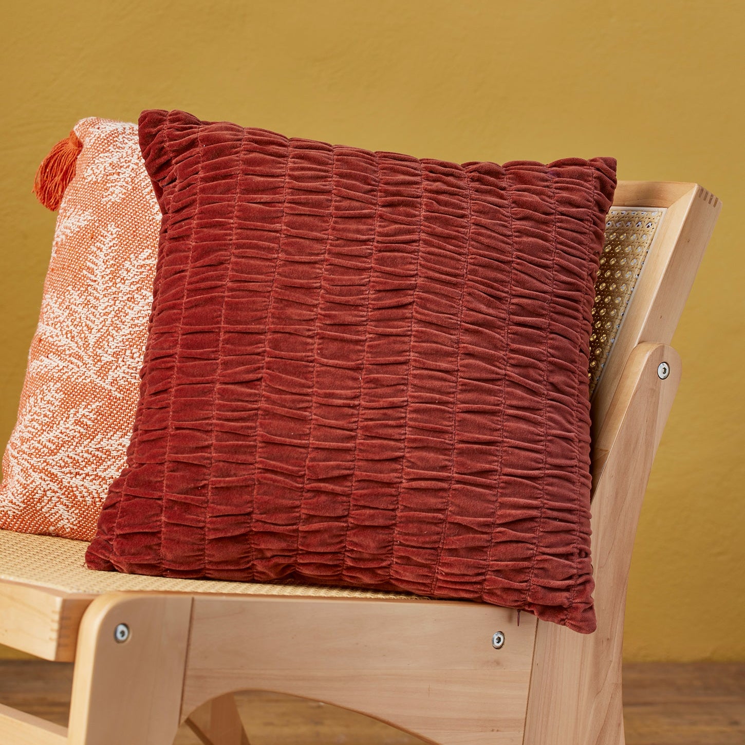 Block Colour Gathered Velvet Cushion - Brown - Uneeka
