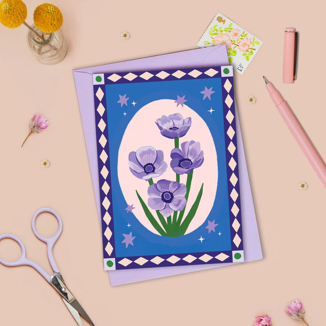 Blue Border Floral Greetings Card - CD19 - Uneeka