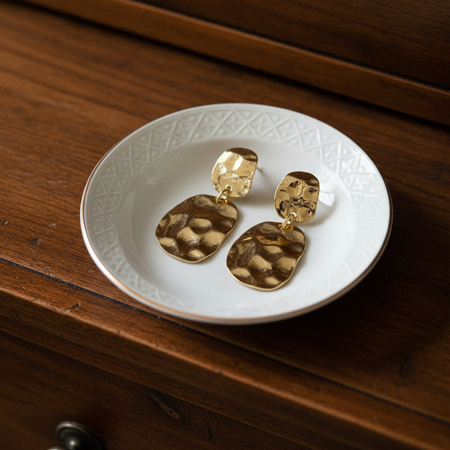 Hammered Disc Drop Stud Earrings - CE-1808-GD - Uneeka