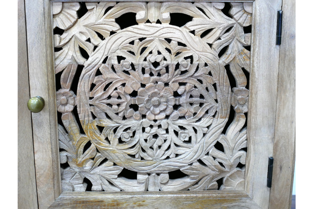 Carved Cut Out Mango Wood Cabinet close up ornate detail