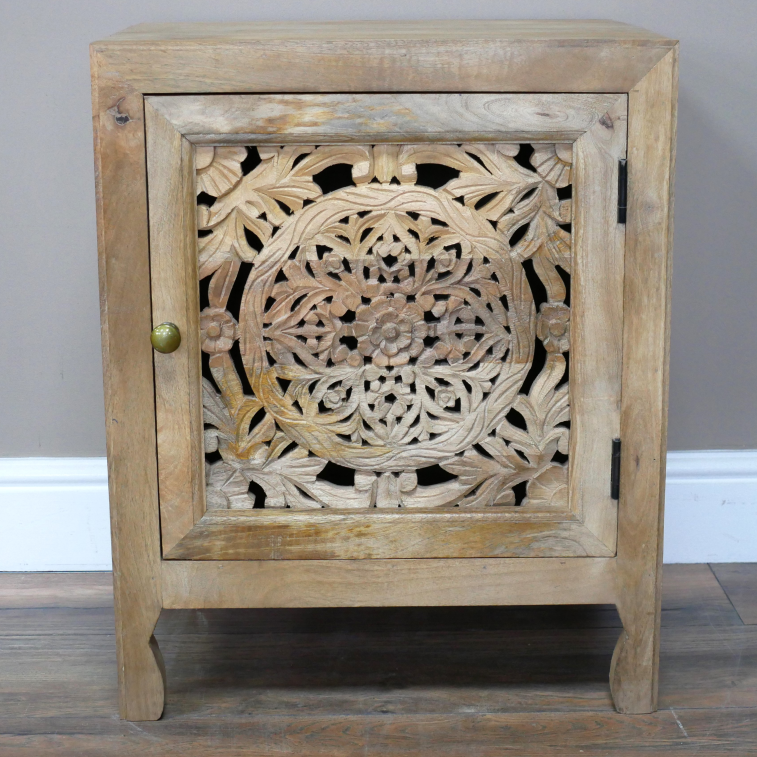 Carved Cut Out Mango Wood Cabinet front view
