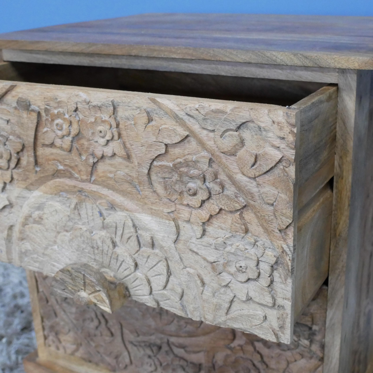 Carved Front Two Drawer Cabinet angled view close up - open drawer