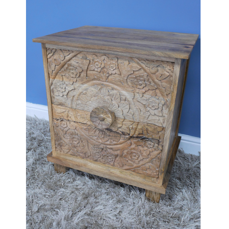 Carved Front Two Drawer Cabinet angled view