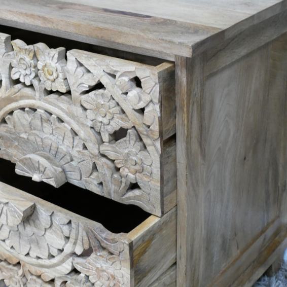 Carved Mango Wood Bedside Table open, two drawer