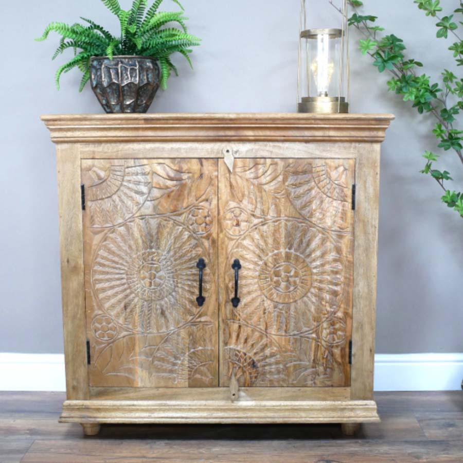 Carved Mango Wood Cabinet - H90 x W91x D41cm