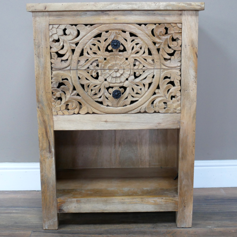 Carved Two Drawer Mango Wood Side Table front angle