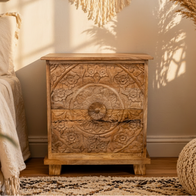Carved Front Two Drawer Cabinet - 8154 - Uneeka