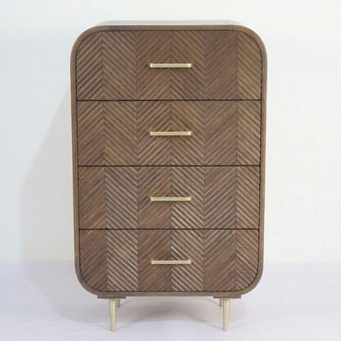 Carved Herringbone Mango Wood Four Drawer Tall Boy - Uneeka