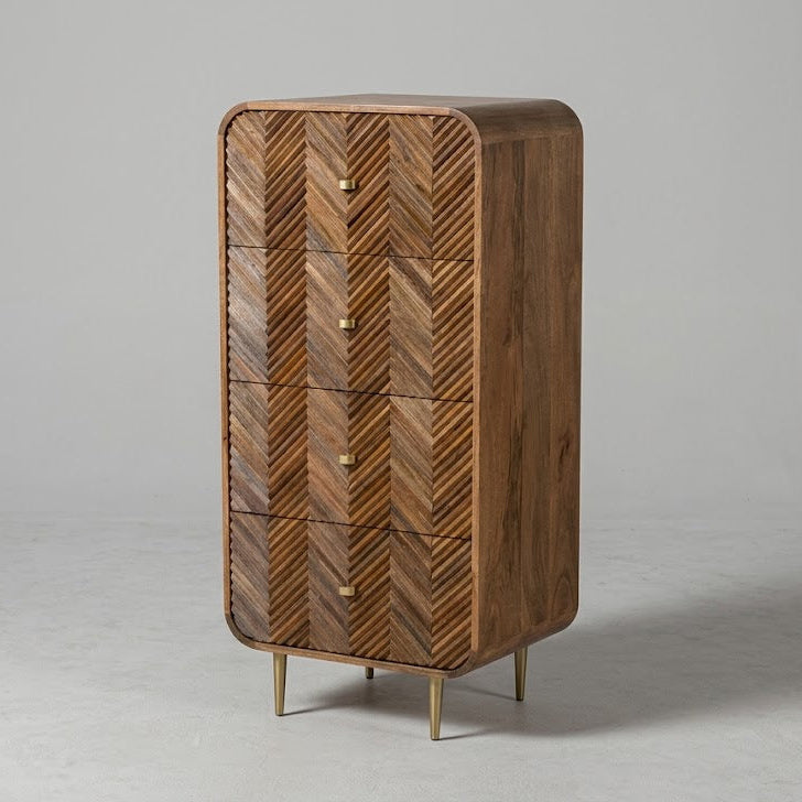Carved Herringbone Mango Wood Four Drawer Tall Boy - Uneeka