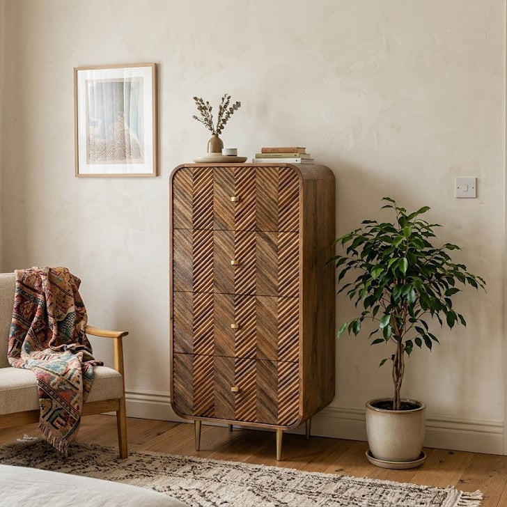 Carved Herringbone Mango Wood Four Drawer Tall Boy - Uneeka
