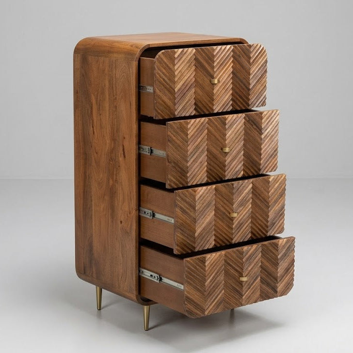 Carved Herringbone Mango Wood Four Drawer Tall Boy - Uneeka