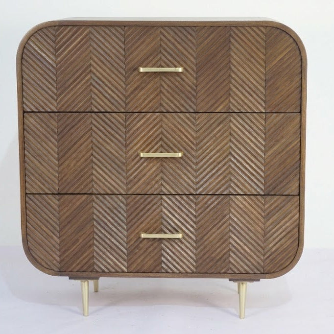 Carved Herringbone Mango Wood Three Drawer Chest - Uneeka