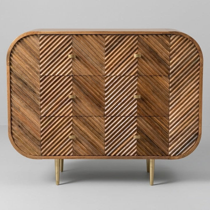 Carved Herringbone Mango Wood Three Drawer Chest
