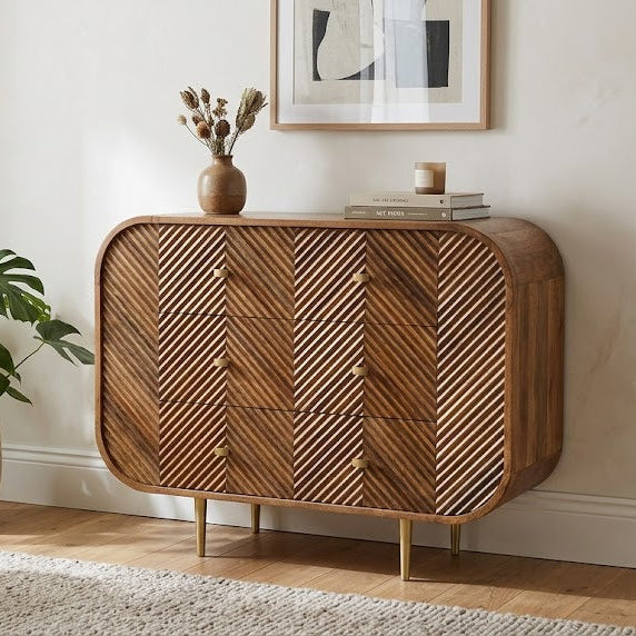 Carved Herringbone Mango Wood Three Drawer Chest - Uneeka