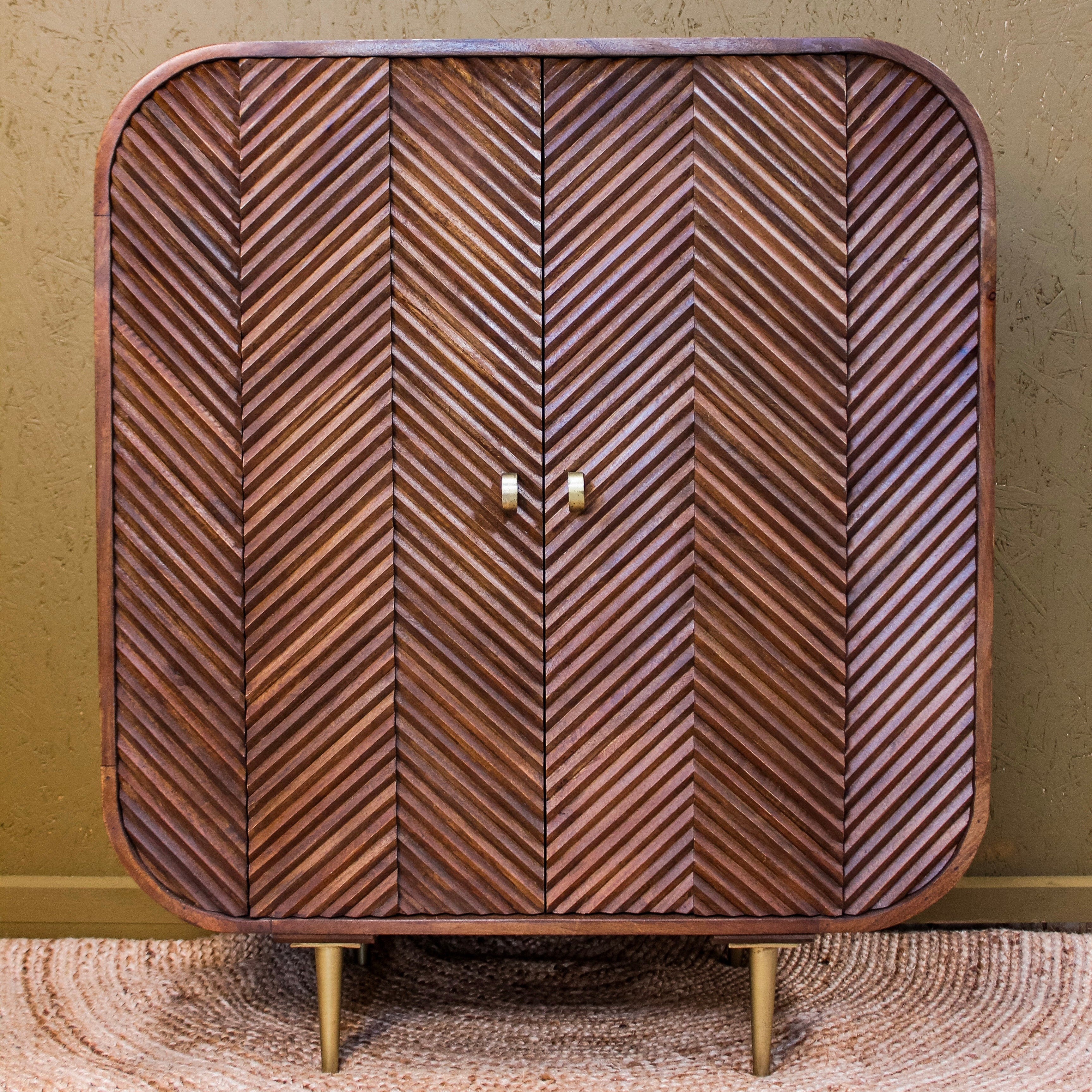 Carved Herringbone Mango Wood Two Door Cabinet Uneeka