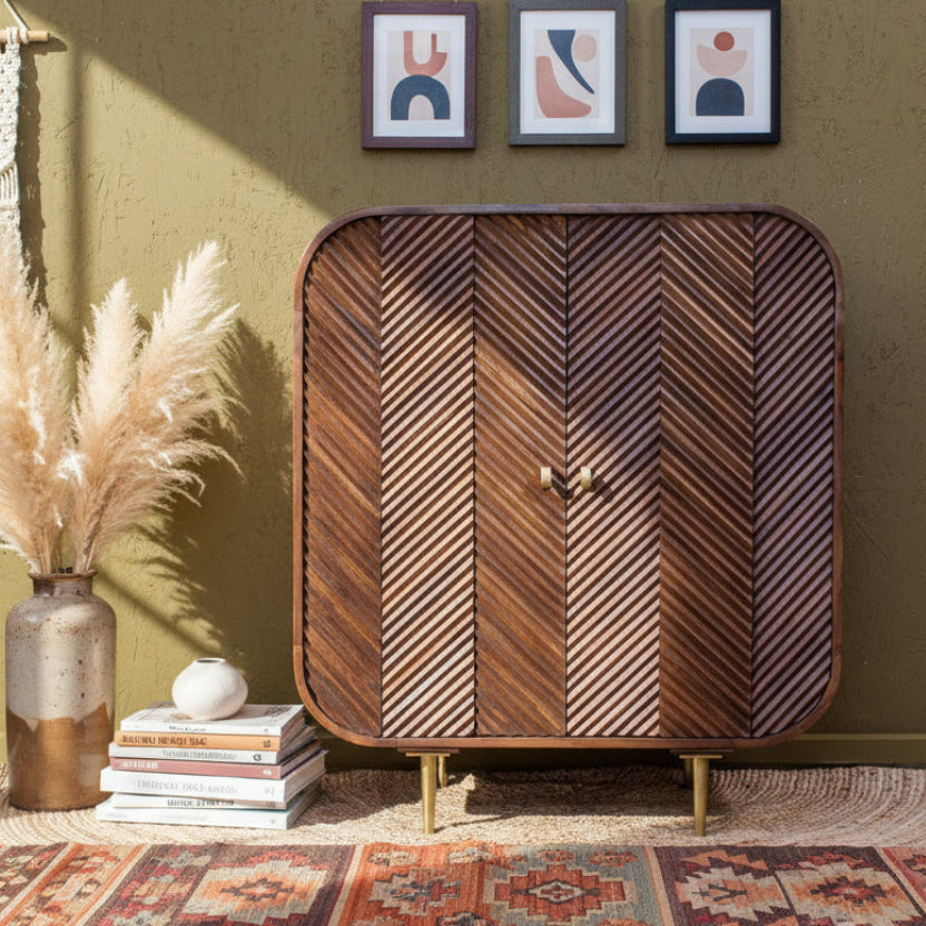 Carved Herringbone Mango Wood Two Door Cabinet Uneeka