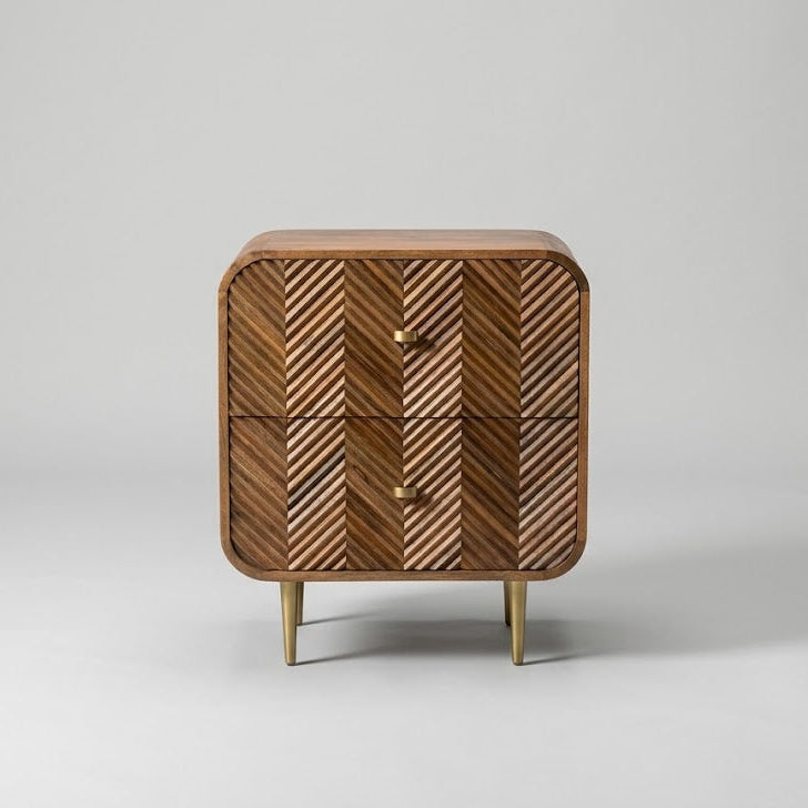 Carved Herringbone Mango Wood Two Drawer Bedside - Uneeka