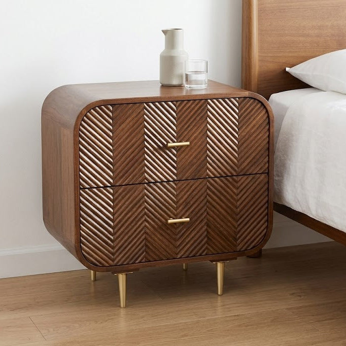 Carved Herringbone Mango Wood Two Drawer Bedside - Uneeka