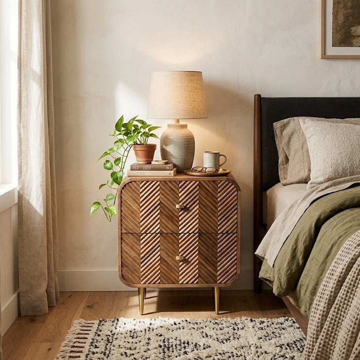 Carved Herringbone Mango Wood Two Drawer Bedside - Uneeka