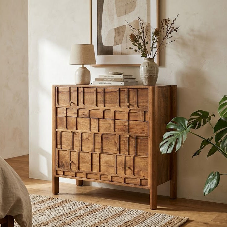 Carved Tile Three Drawer Chest Of Drawers - Uneeka