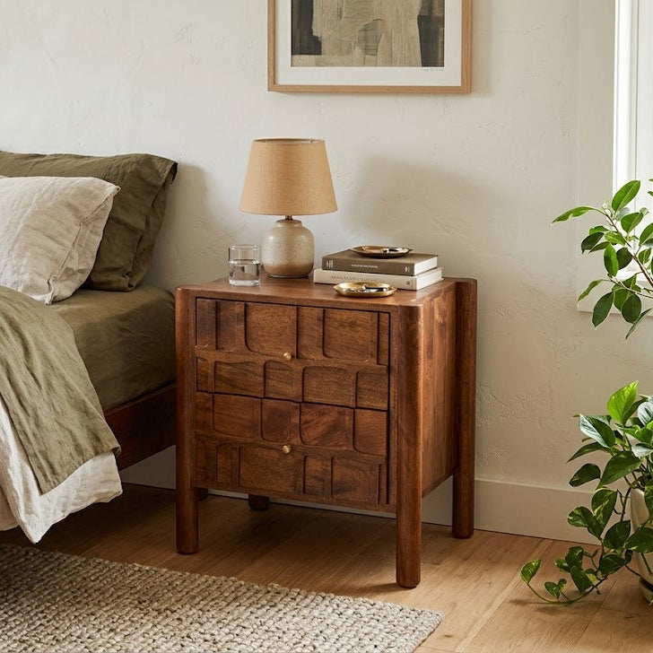 Carved Tile Two Drawer Bedside - Uneeka