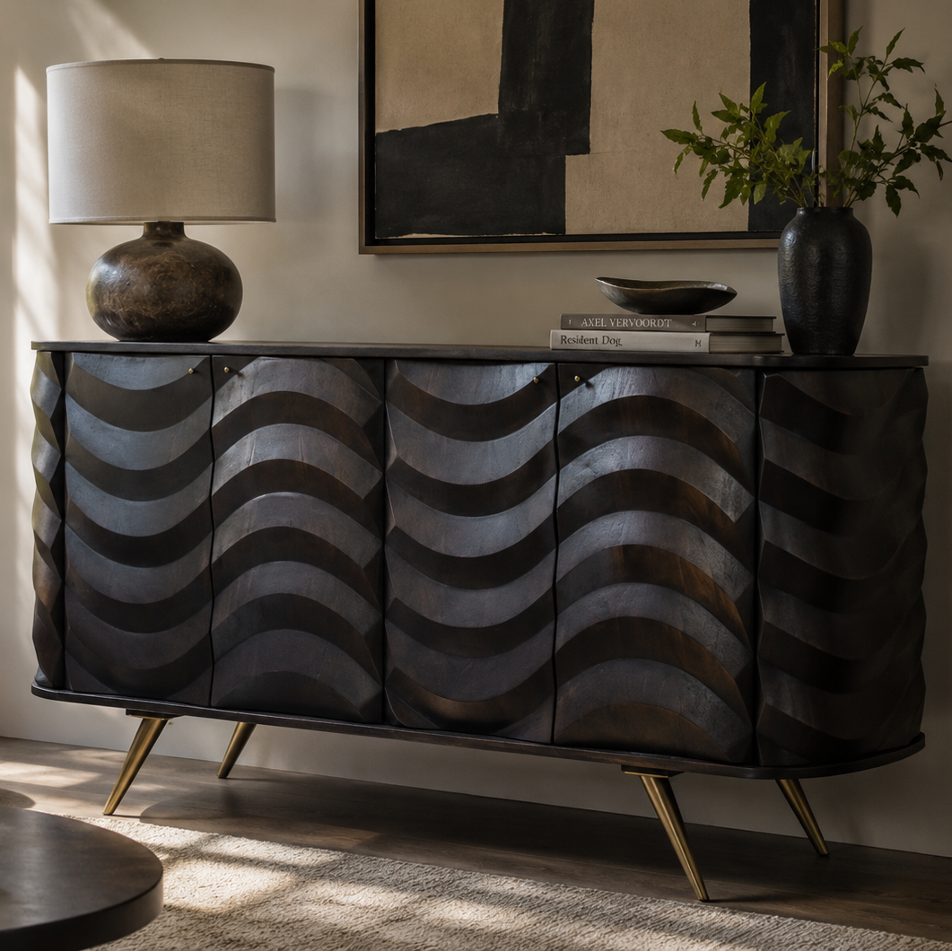 Carved Wave Four Door Retro Sideboard - 2801G - Uneeka
