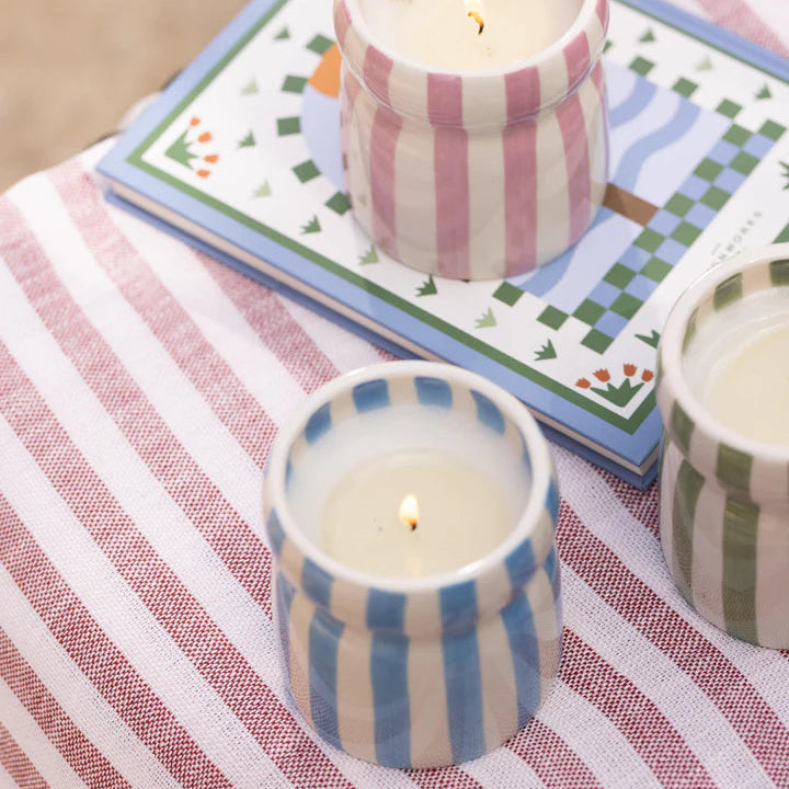 Ceramic Blue Striped Candle Ocean & Driftwood - CAB0704EU - Uneeka