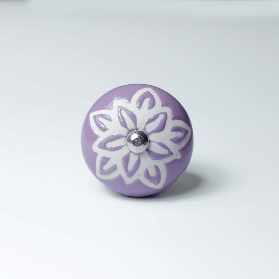 Ceramic Doorknob With White Wax Flower Purple